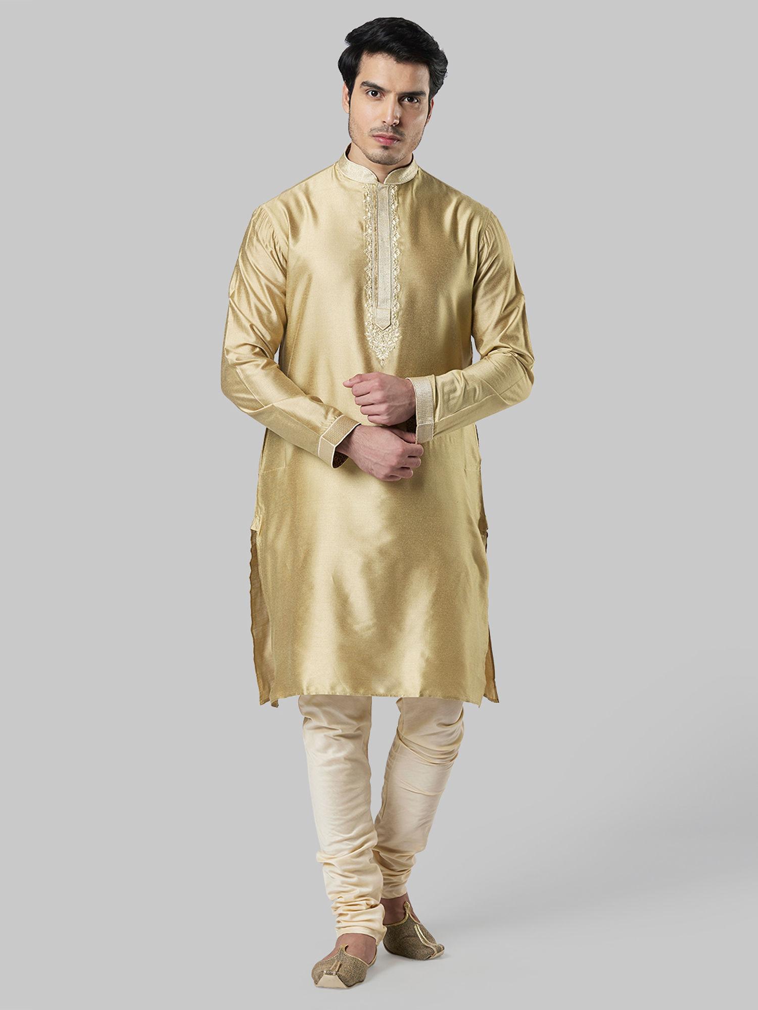 beige embellished kurta with churidar (set of 2)