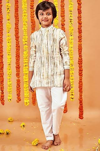 beige embellished shirt kurta set for boys