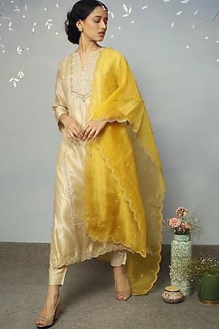 beige embellished straight kurta set