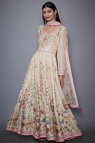 beige embroidered & printed anarkali set