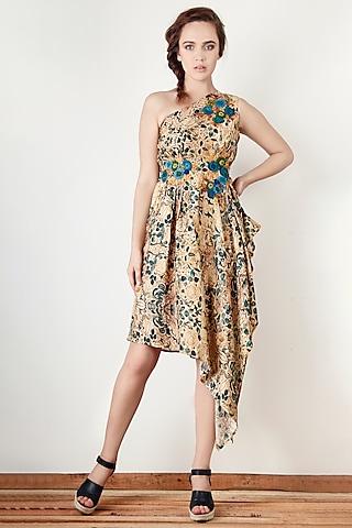 beige embroidered & printed asymmetric tunic
