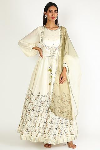 beige embroidered & printed gown with jacket