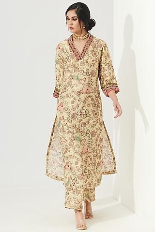 beige embroidered & printed kurta set