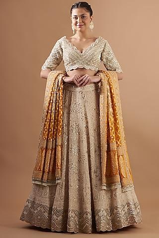 beige embroidered & printed lehenga set