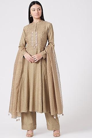 beige embroidered a-line kurta set