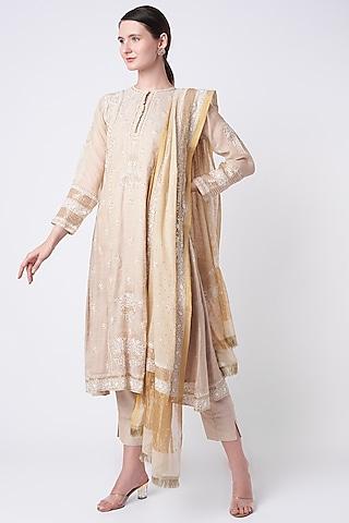 beige embroidered a-line kurta set