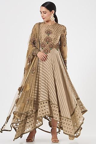 beige embroidered anarkali set