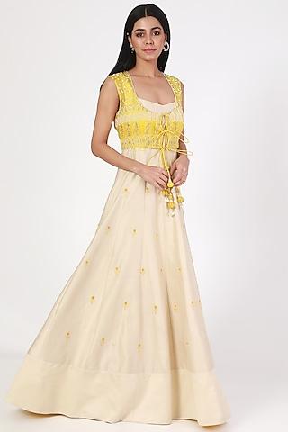 beige embroidered anarkali set