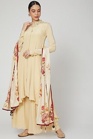 beige embroidered anarkali set