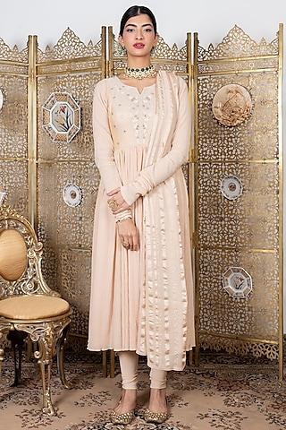 beige embroidered anarkali set