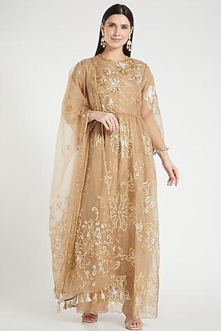 beige embroidered anarkali set