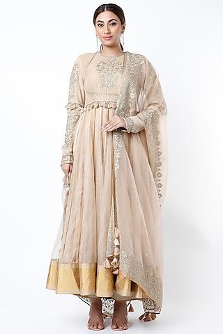 beige embroidered anarkali set