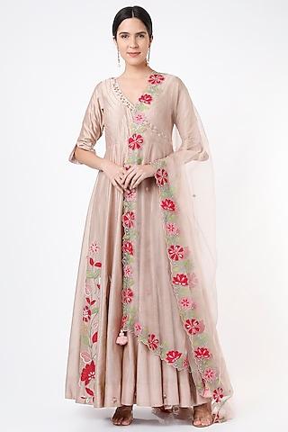 beige embroidered anarkali set