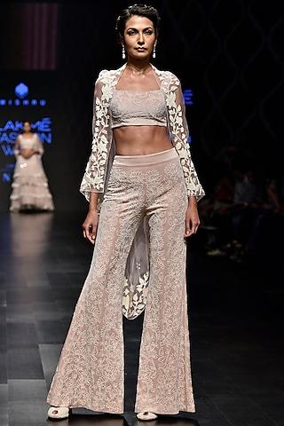 beige embroidered cape with crop top & pants