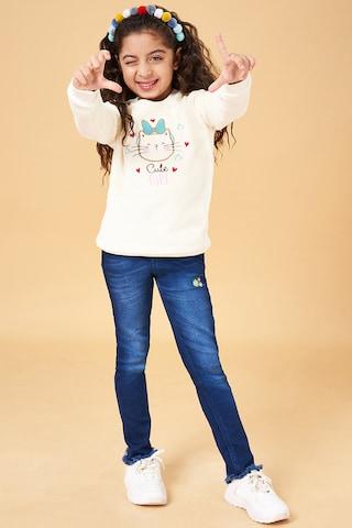 beige embroidered casual full sleeves round neck girls comfort fit  sweater