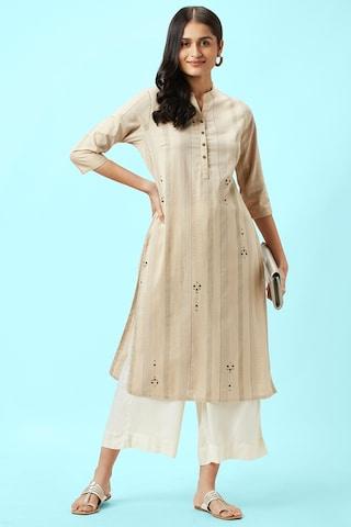 beige embroidered casual mandarin 3/4th sleeves calf-length women regular fit kurta