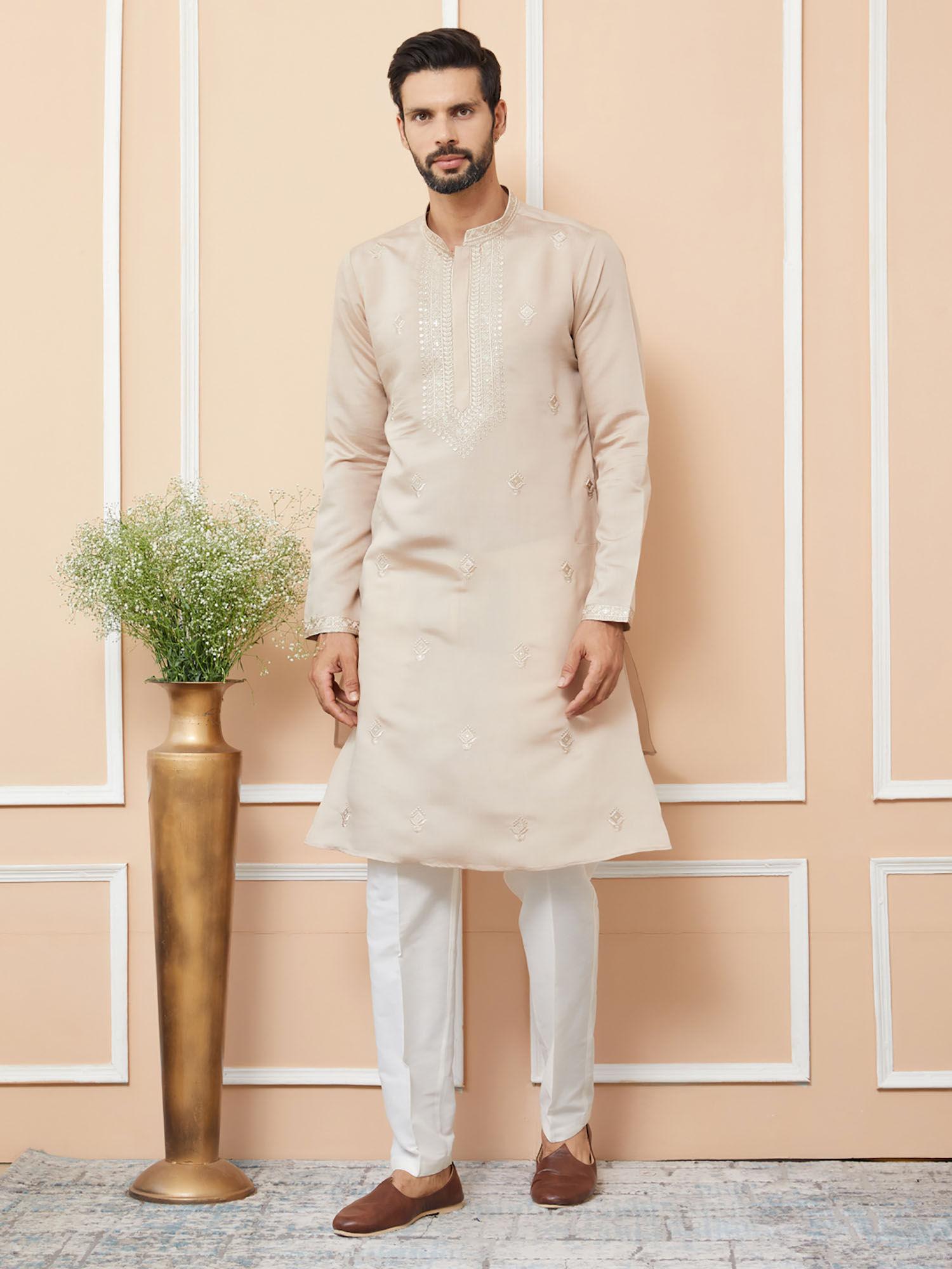 beige embroidered chanderi silk straight kurta with pyjama (set of 2)