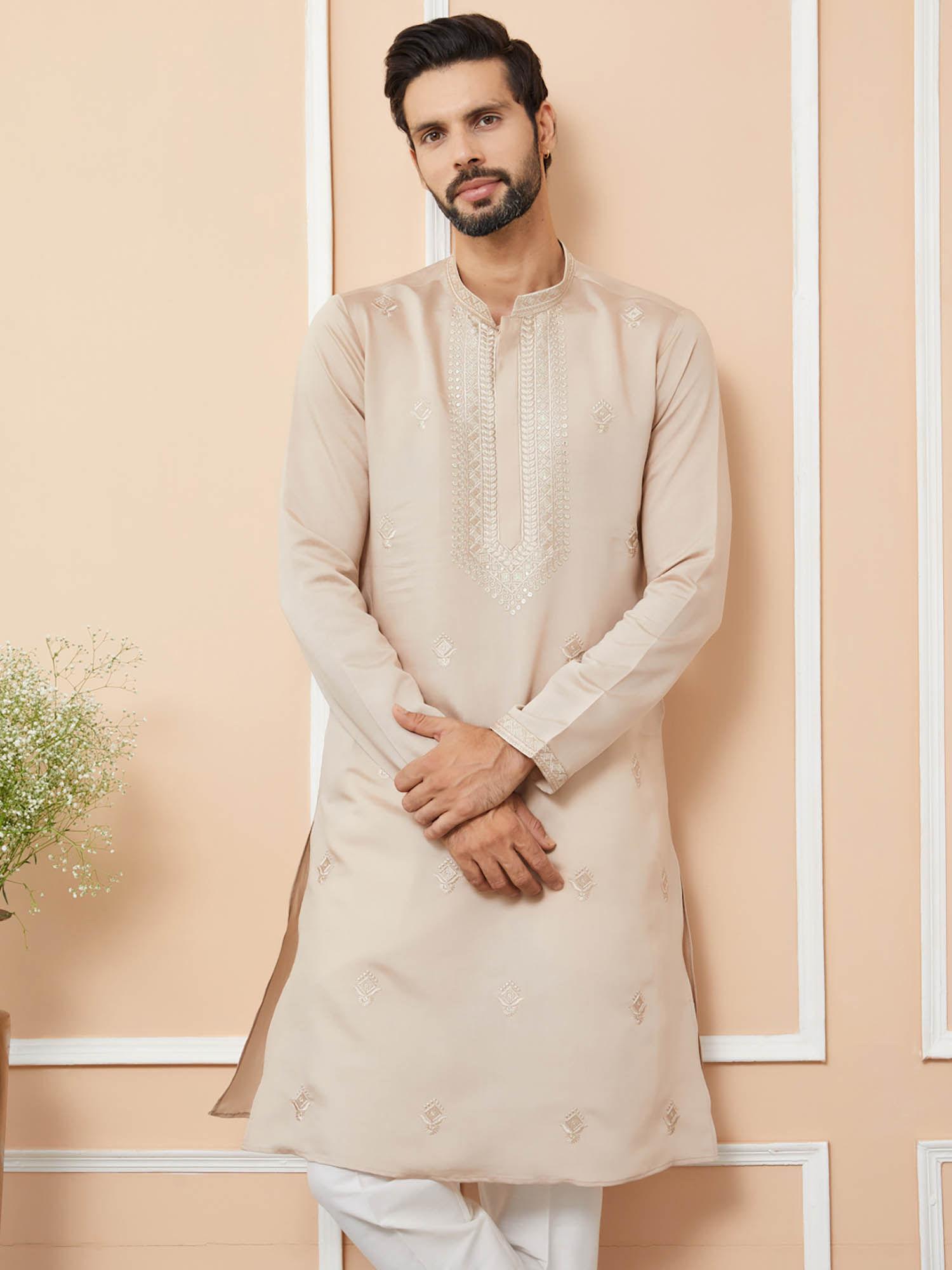 beige embroidered chanderi silk straight kurta