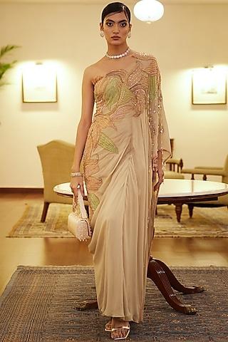 beige embroidered draped kaftan