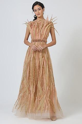 beige embroidered gown with belt