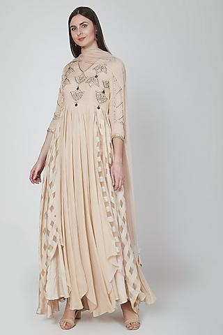 beige embroidered gown with pants & dupatta