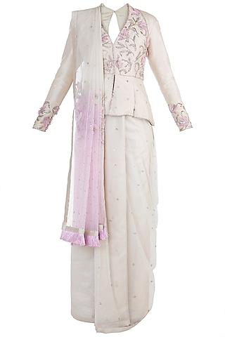 beige embroidered half & half saree set