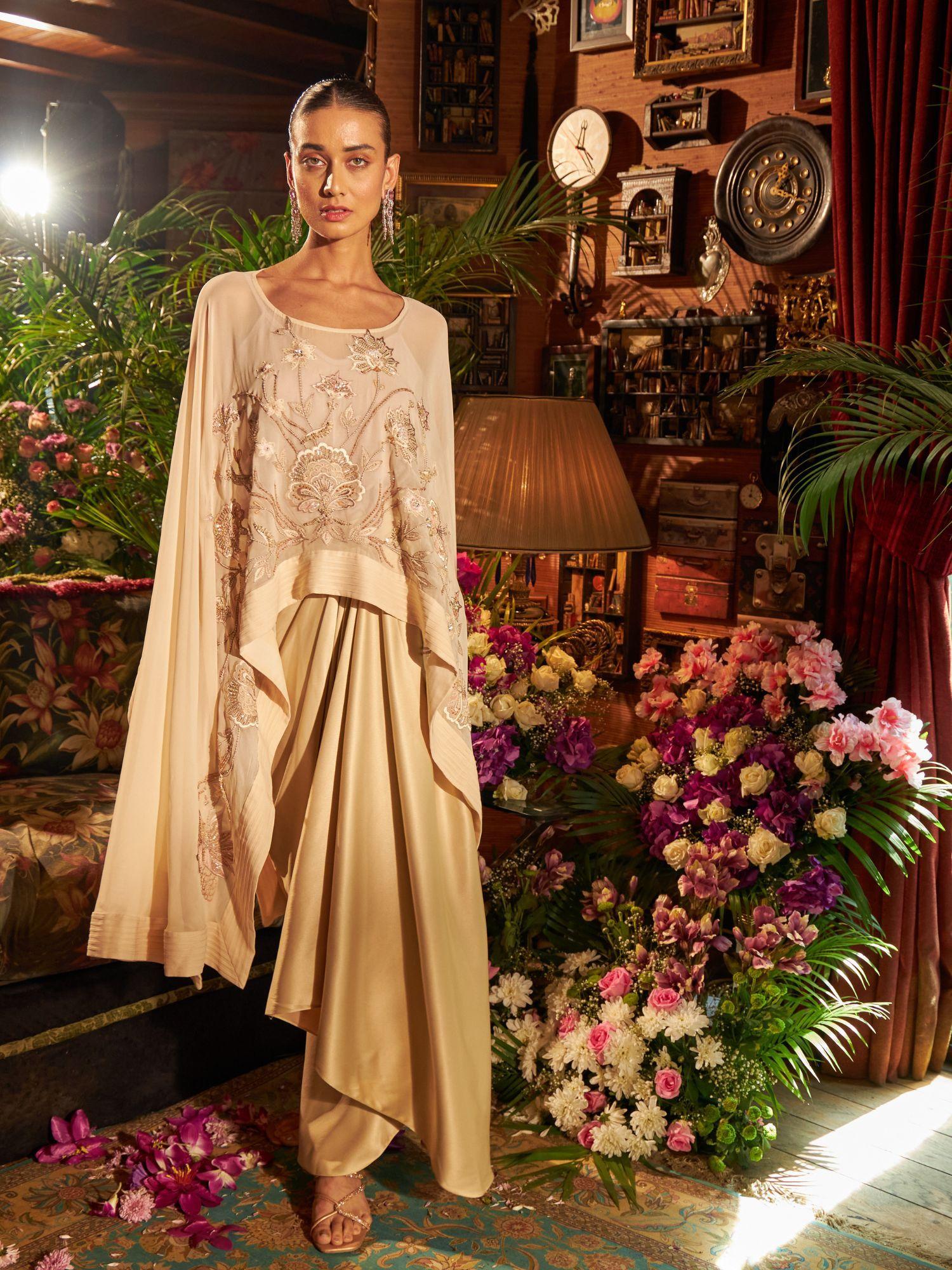 beige embroidered kaftan top with draped skirt (set of 2)