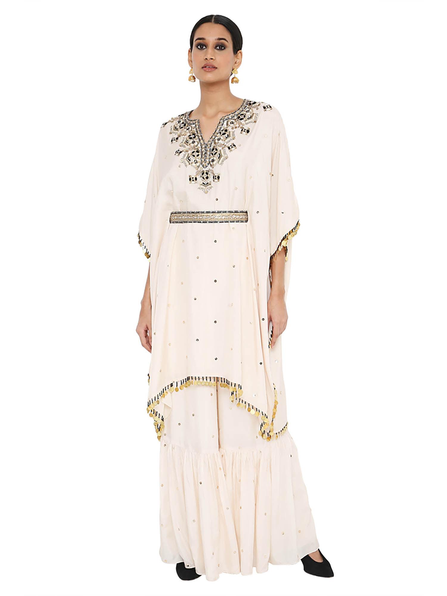 beige embroidered kaftan with sharara and belt (set of 3)