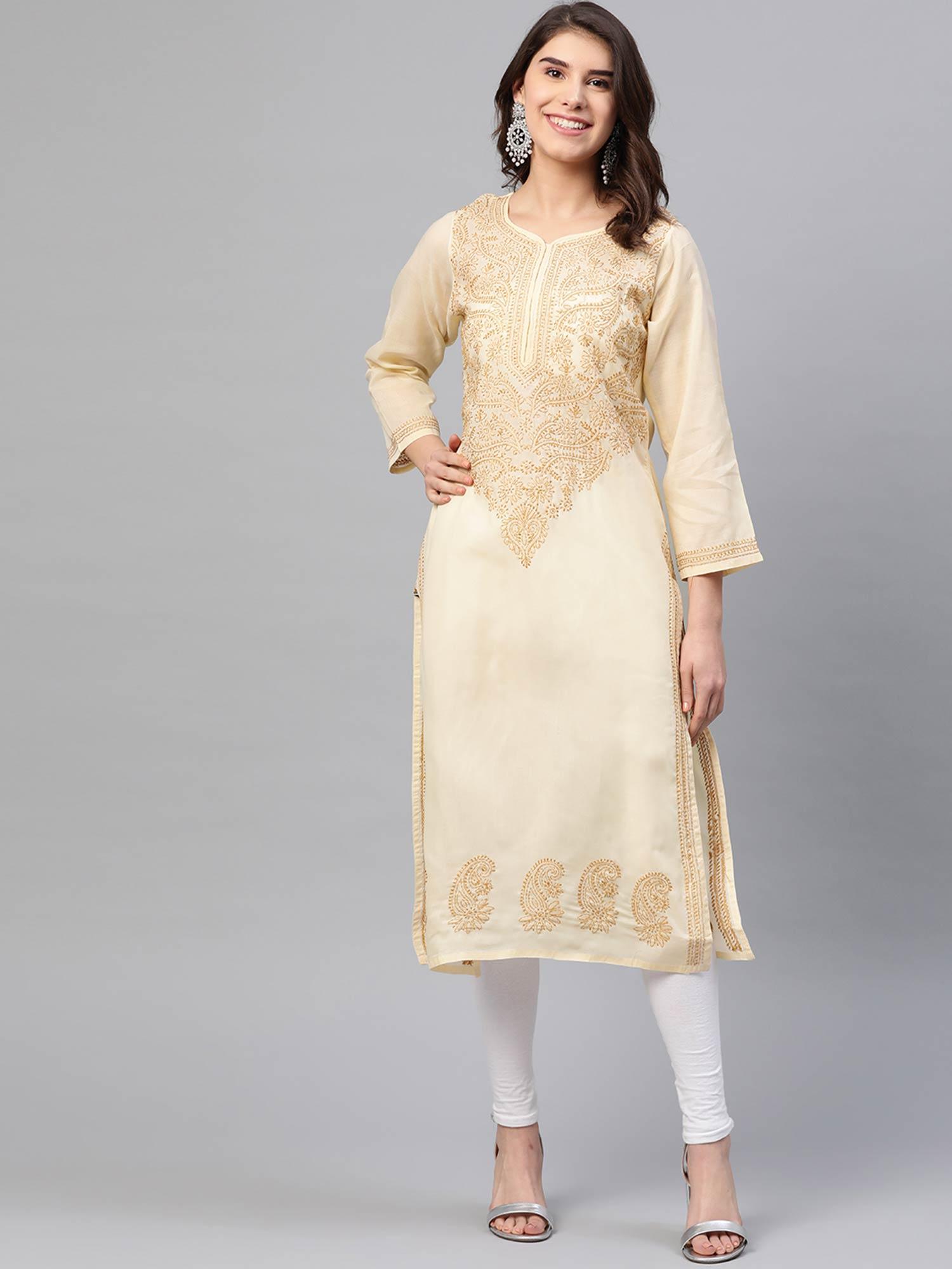 beige embroidered kurta (xs) (a227642)