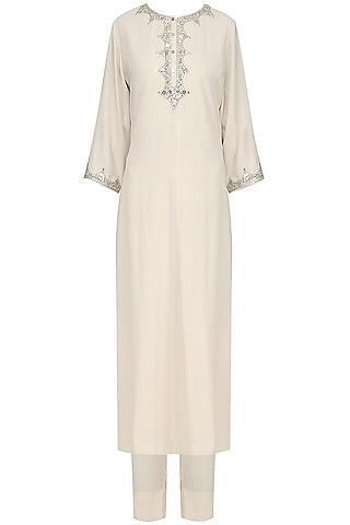 beige embroidered kurta with straight pants set