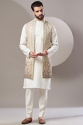 beige embroidered long nehru jacket