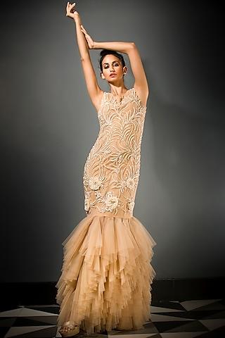 beige embroidered mermaid gown