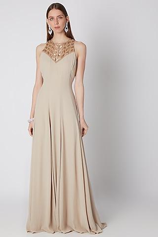 beige embroidered panelled dress