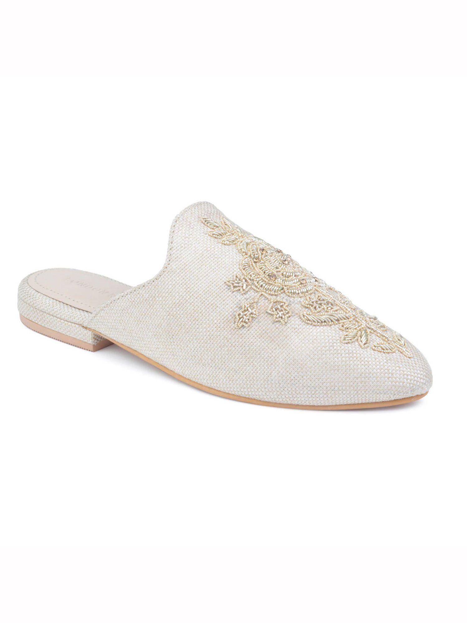 beige embroidered patch mules