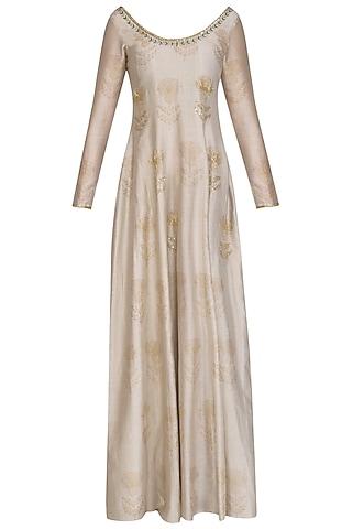 beige embroidered printed anarkali kurta with dupatta