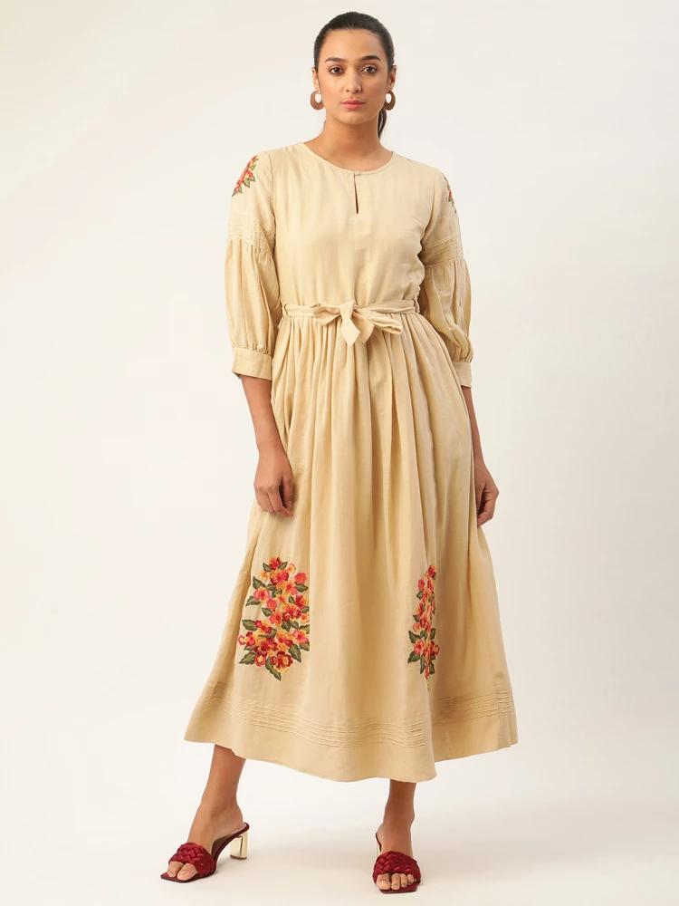 beige embroidered round neck dress