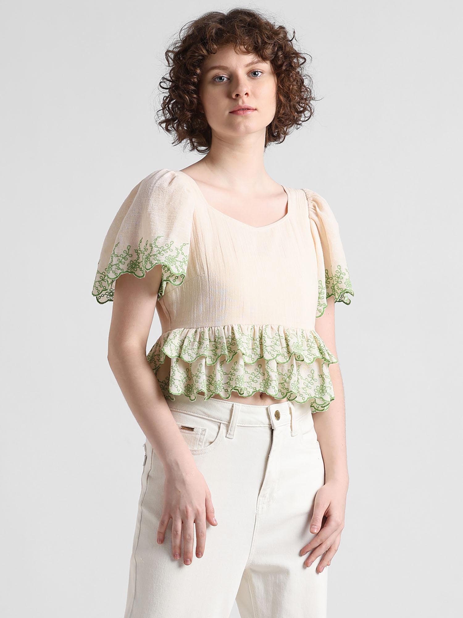 beige embroidered ruffle top