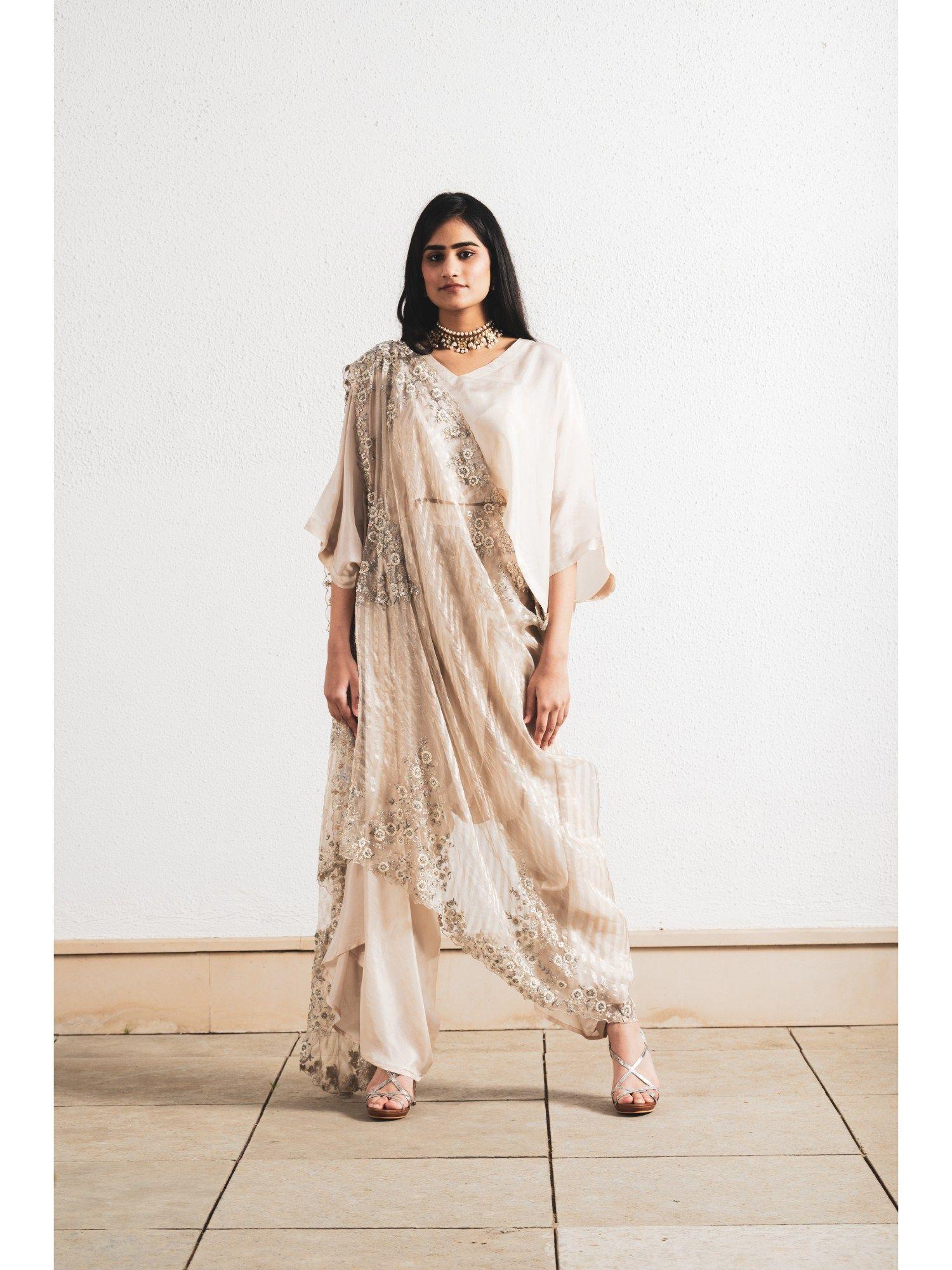 beige embroidered saree and kaftan style with stitched blouse