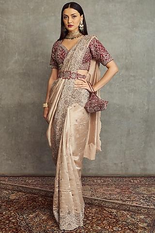 beige embroidered saree set