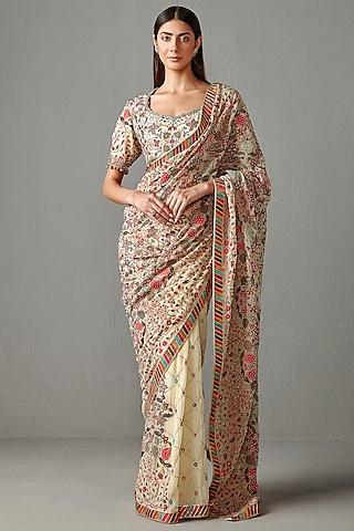 beige embroidered saree set