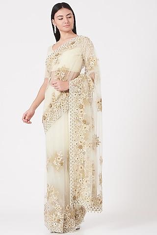 beige embroidered saree set