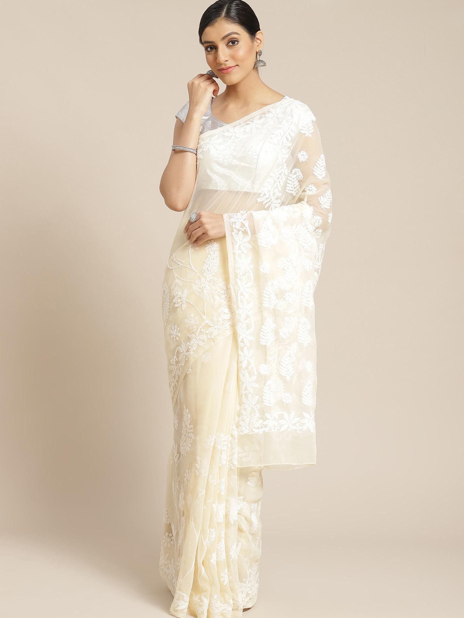 beige embroidered saree with unstitched blouse (a130074)