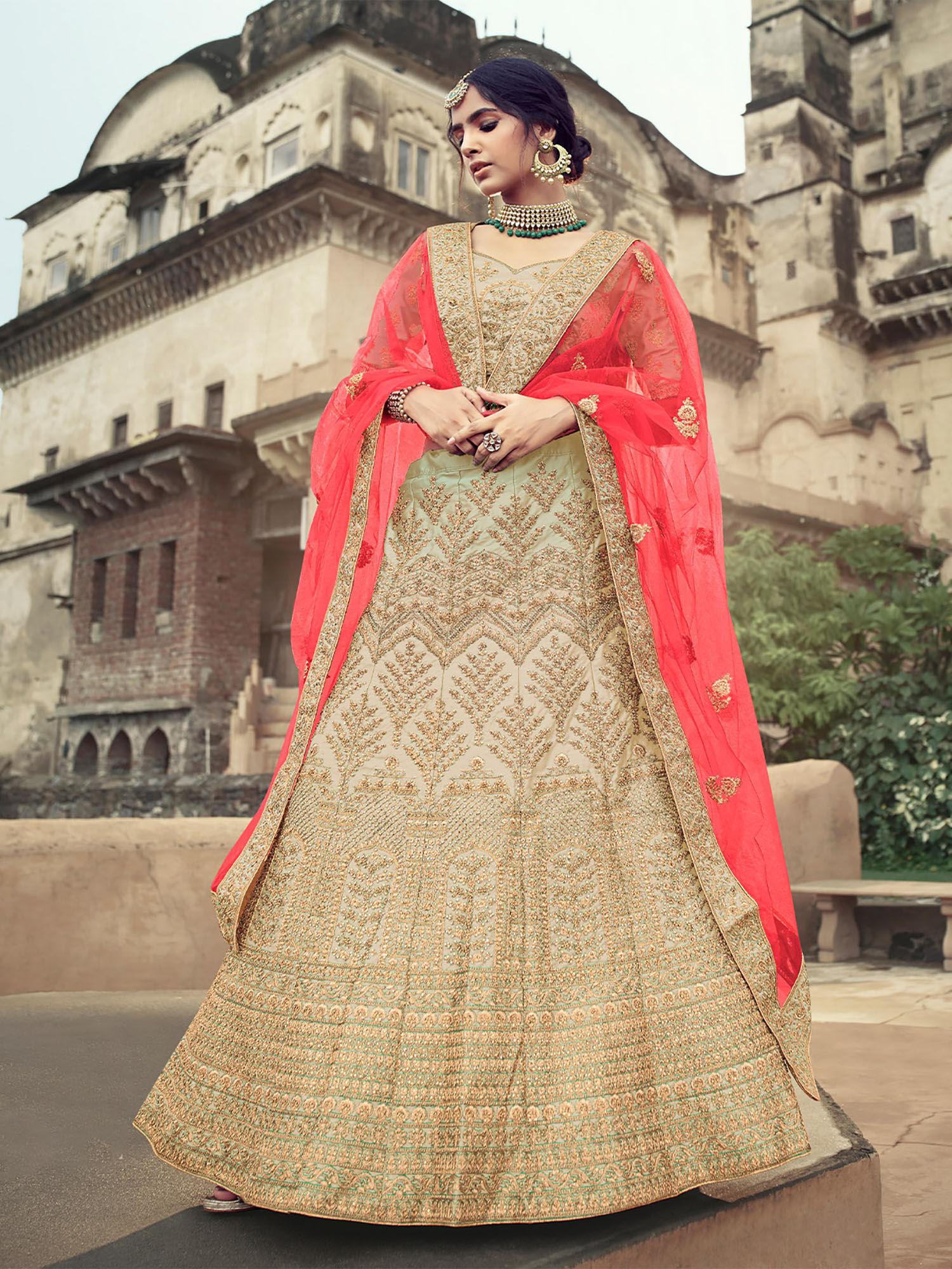 beige embroidered semi stitched lehenga with unstitched blouse (set of 3)