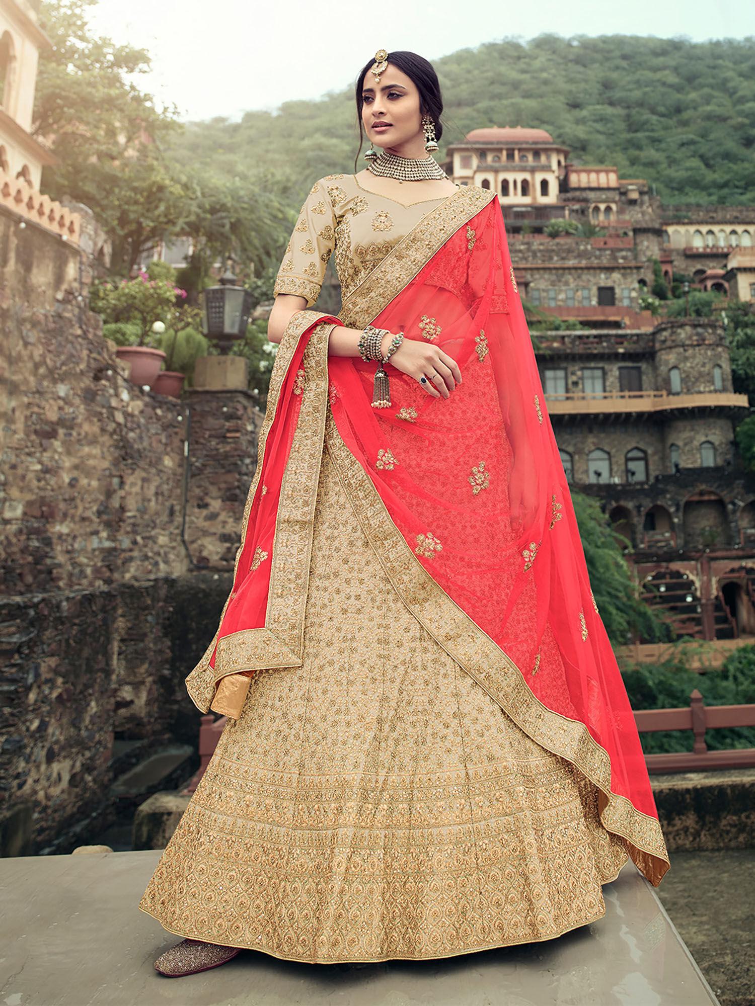 beige embroidered semi stitched lehenga with unstitched blouse (set of 3)