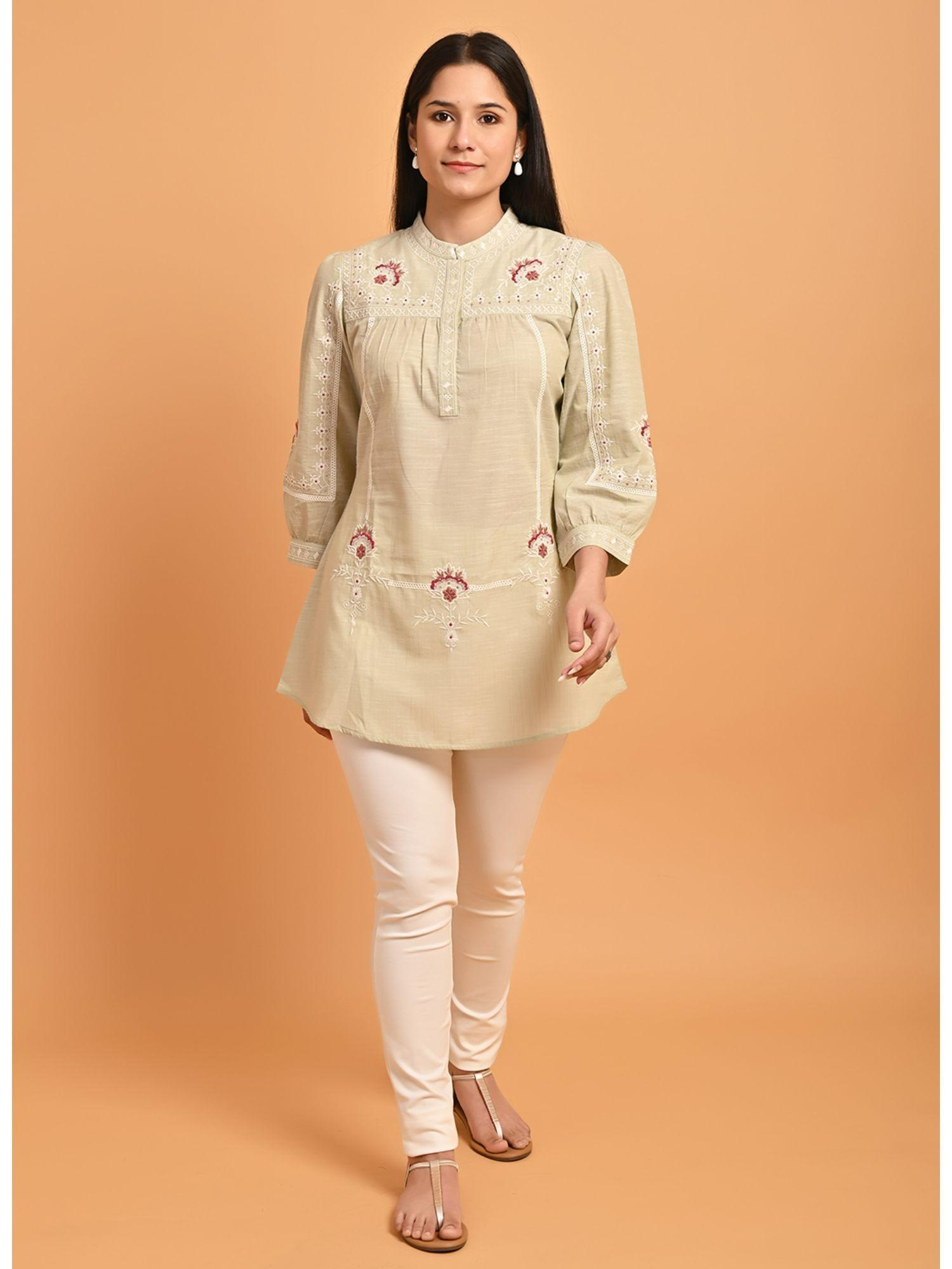 beige embroidered slub tunic