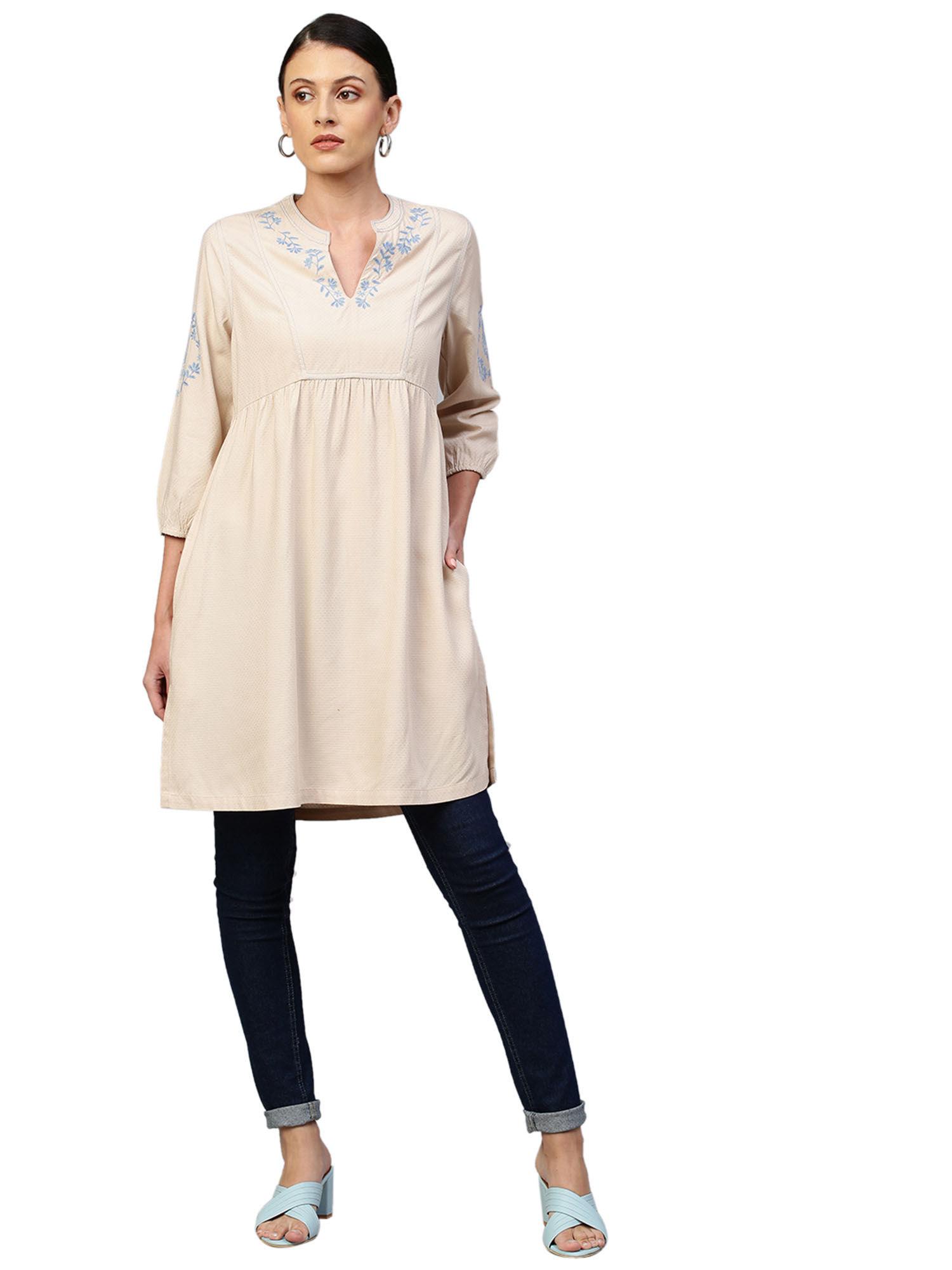 beige embroidered textured dobby kurta