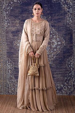 beige embroidered tiered anarkali with dupatta