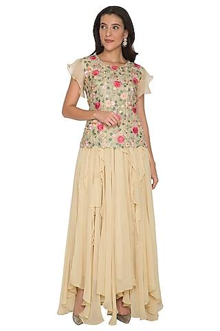 beige embroidered top with ruffled skirt