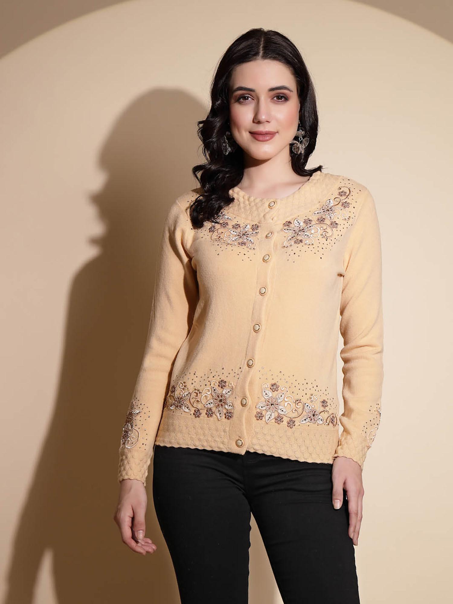 beige embroidery full sleeve cardigan