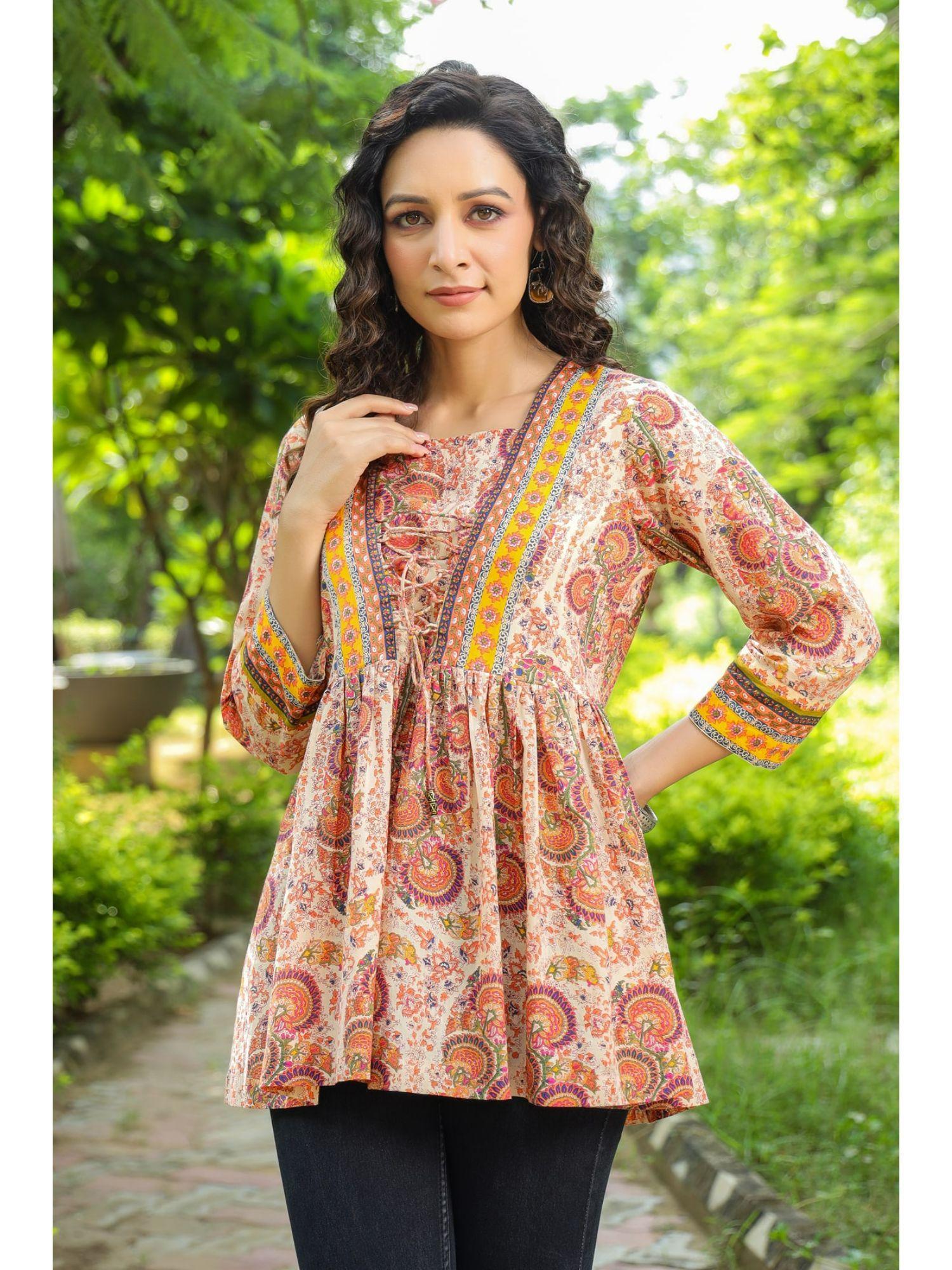 beige ethnic motifs print pure cotton empire top